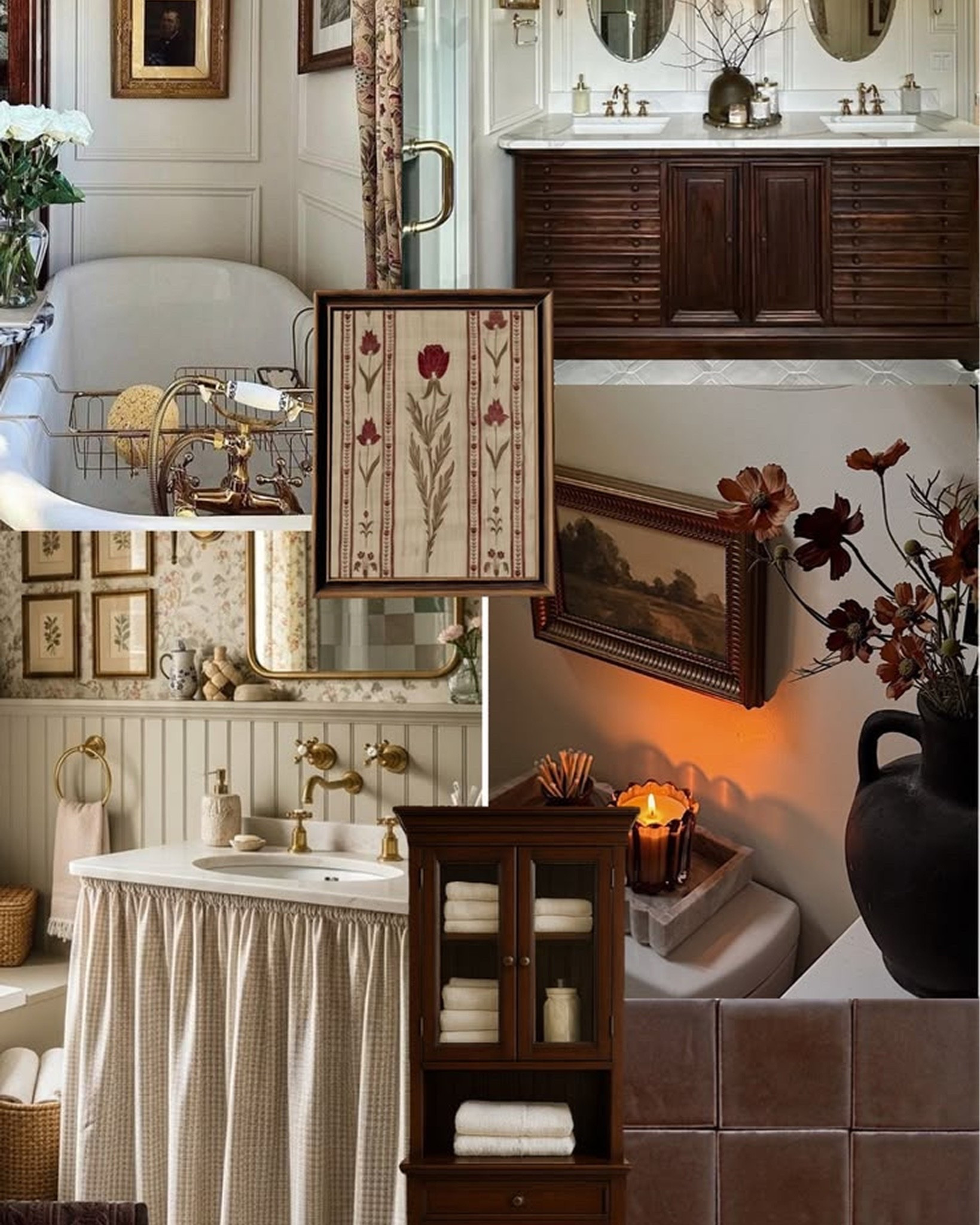 A little reminder that bathrooms can have just as much personality as the rest of your home. 🤍

I'm loving the mix of rich wood vanities, warm brass fixtures, floral artwork, patterned wallpaper, and soft fabric details. Even a smaller bathroom can feel beautifully layered with a few well-chosen finishes.

All linked here 🤍 #LTKhome
