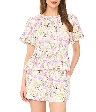 CeCe Woven Floral Print Round Neck Short Puff Sleeve Peplum Coordinating Blouse -  M | Dillard's