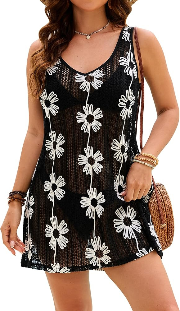 Blooming Jelly Women Crochet Coverups Floral Knitted Beach Dress Sleeveless Swimsuit Cover up | Amazon (US)
