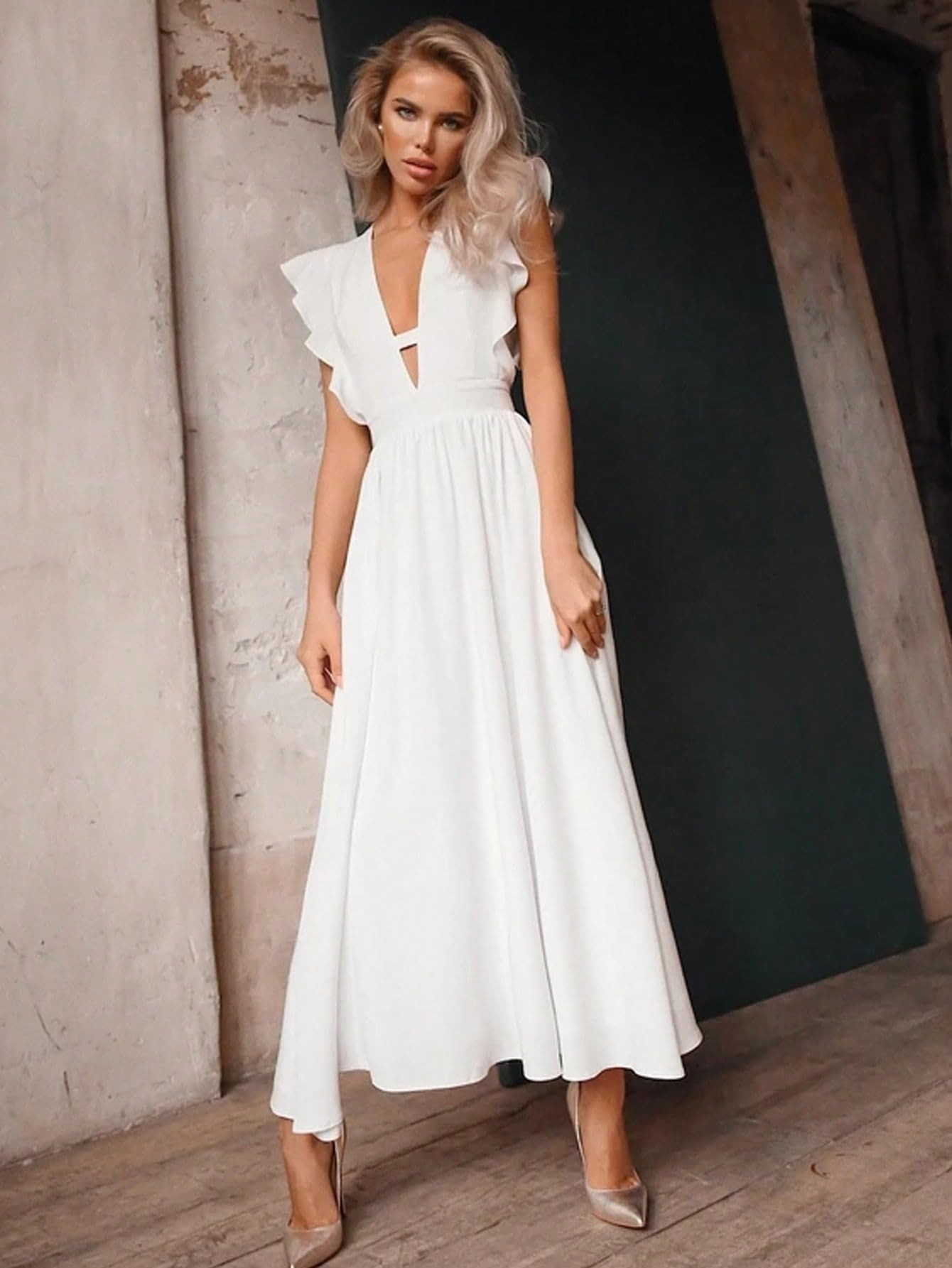 Women's Dresses Plunging Neck Ruffle Trim Dress for Women, Casual A Line Long Dress Dress for Women (Color : White, Size : Medium) | Amazon (US)
