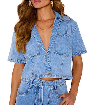 Coordinating Denim Collared Short Sleeve Button Front Top | Dillard's