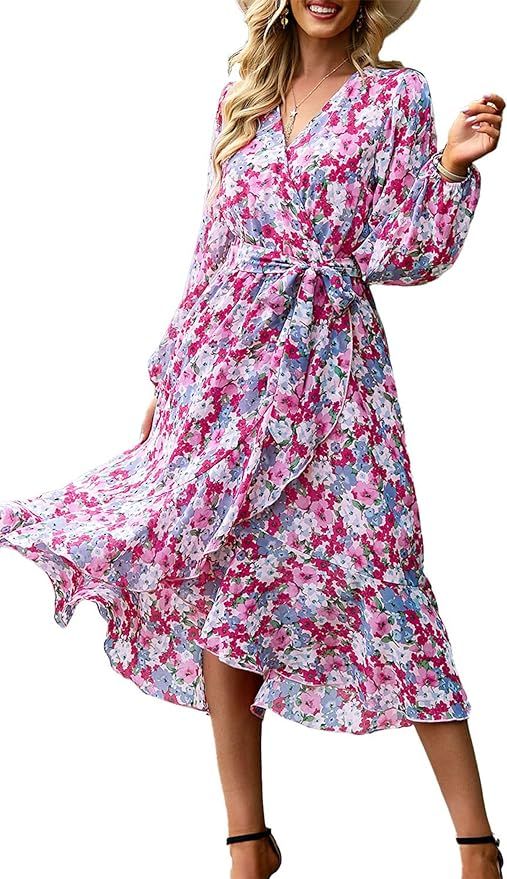 PRETTYGARDEN Women's Floral Print Boho Dress Long Sleeve Wrap V Neck Ruffle Belted A-Line Flowy M... | Amazon (US)