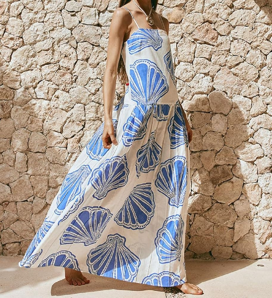 Women Bohemian Graphic Maxi Dress Spaghetti Strap Flowy Cami Dress Floral Tiered Sundress Y2K Sum... | Amazon (US)