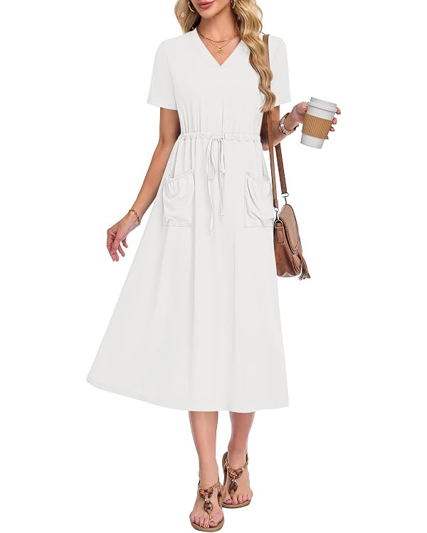 MOLERANI Women's Short Sleeve V-Neck Maxi Dress with Pockets — Adjustable Drawstring Waist for ... | Amazon (US)