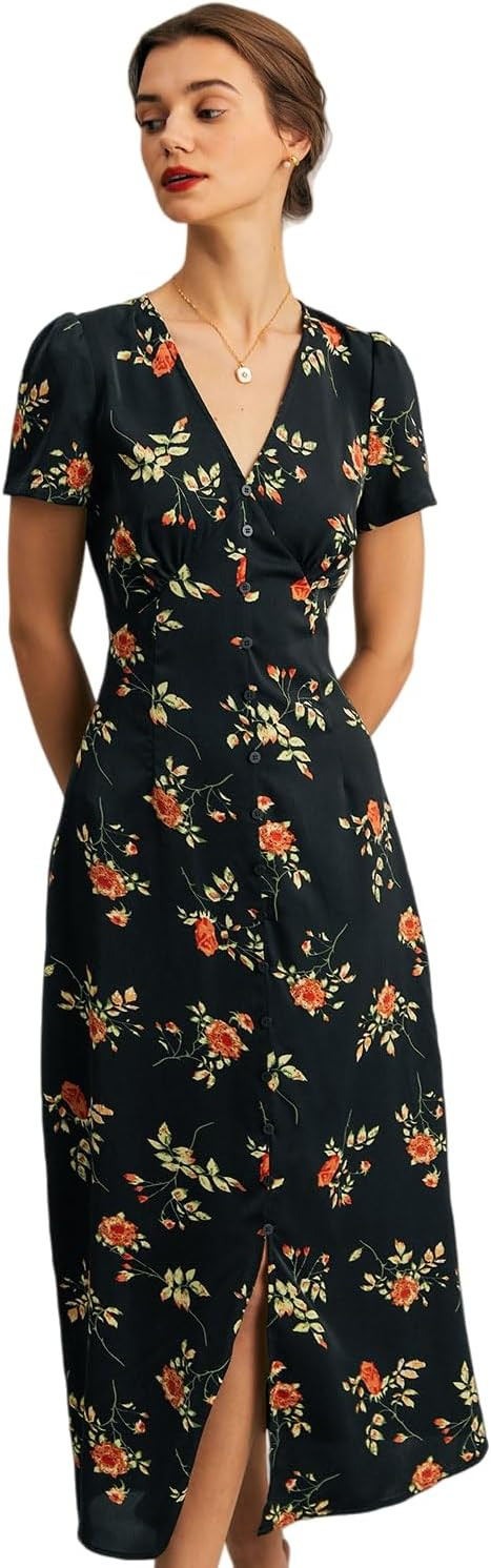 RIHOAS Women's Boho V Neck Floral Maxi Dress - Elegant Flowy Short Sleeve | Summer Beach Wedding ... | Amazon (US)