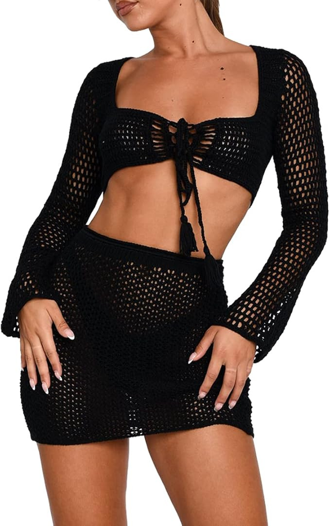 ICNGLKSND Women Beach 2pcs Crochet Cover Up Tarcksuit Knitted Bikini Hollowout Cropper Camisole T... | Amazon (US)