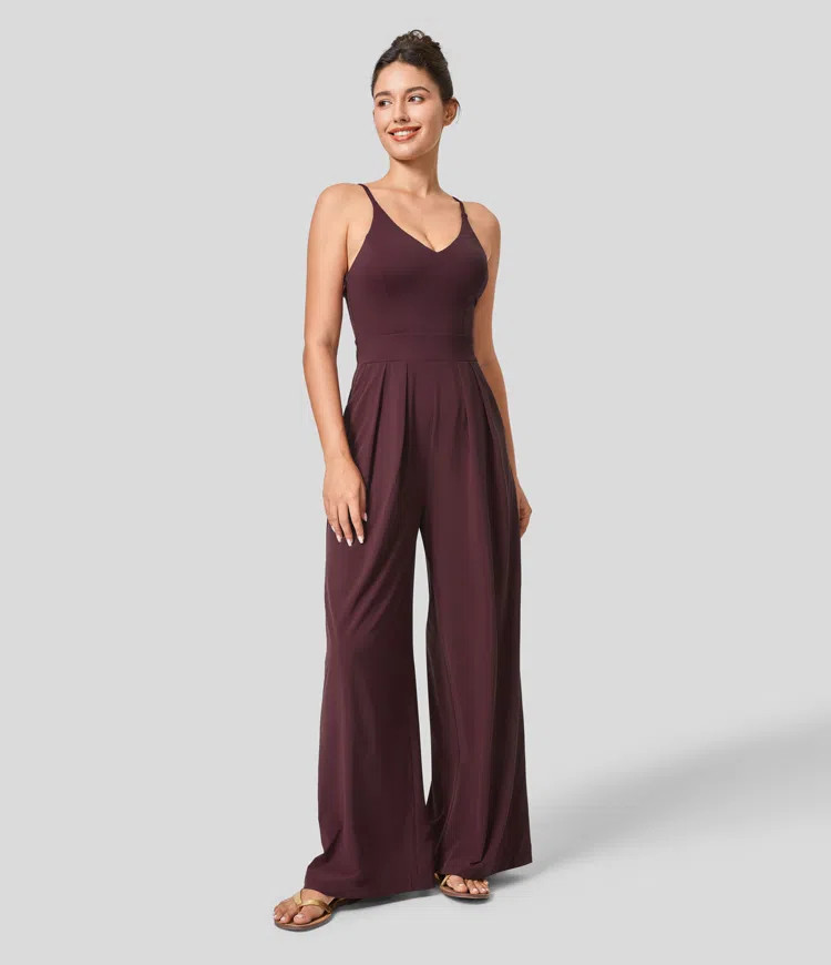 Breezeful™ Backless Side Invisible Zipper Pocket Wide Leg Quick Dry Resort Slip Jumpsuit | HALARA