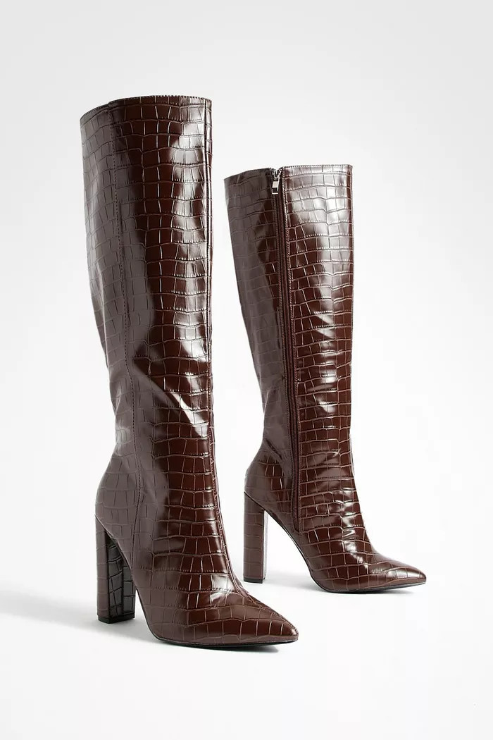 Wide Width Pointed Toe Croc Knee High Boot | boohoo (US & Canada)