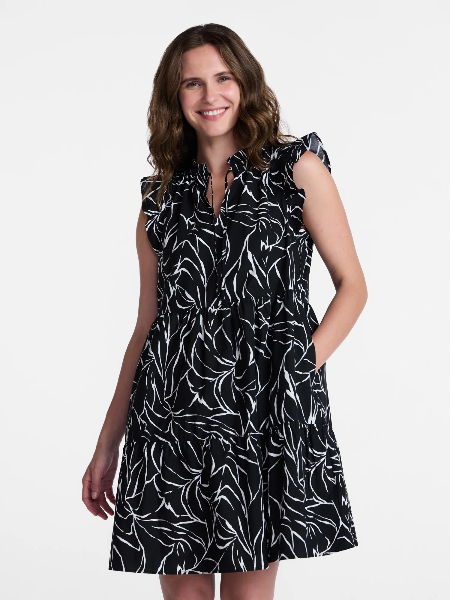 Time and Tru Women's and Women's Plus Tiered Cotton Mini Dress with Flutter Sleeves, Sizes XS-4X - Walmart.com | Walmart (US)