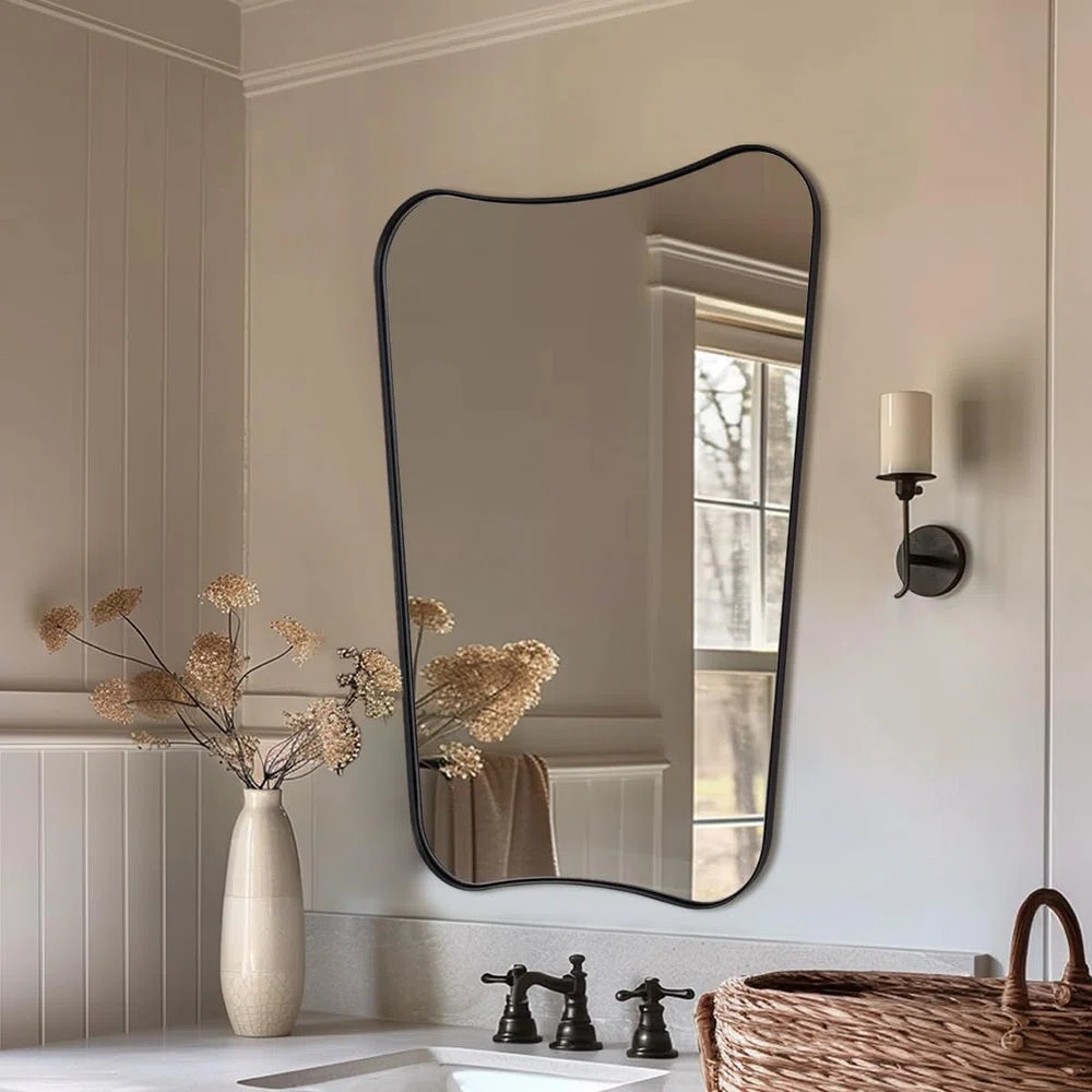 Ebern Designs Concave Top Rectangle Irregular Scalloped Bathroom Vanity Mirror Asymmetrical Mirro... | Wayfair North America