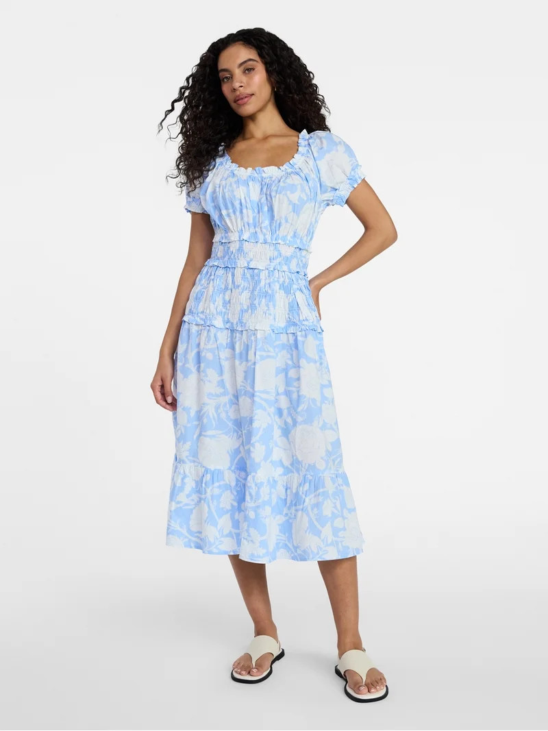 Time and Tru Women's Smocked Cotton Peasant Dress with Short Sleeves, Sizes XS-XXXL | Walmart (US)