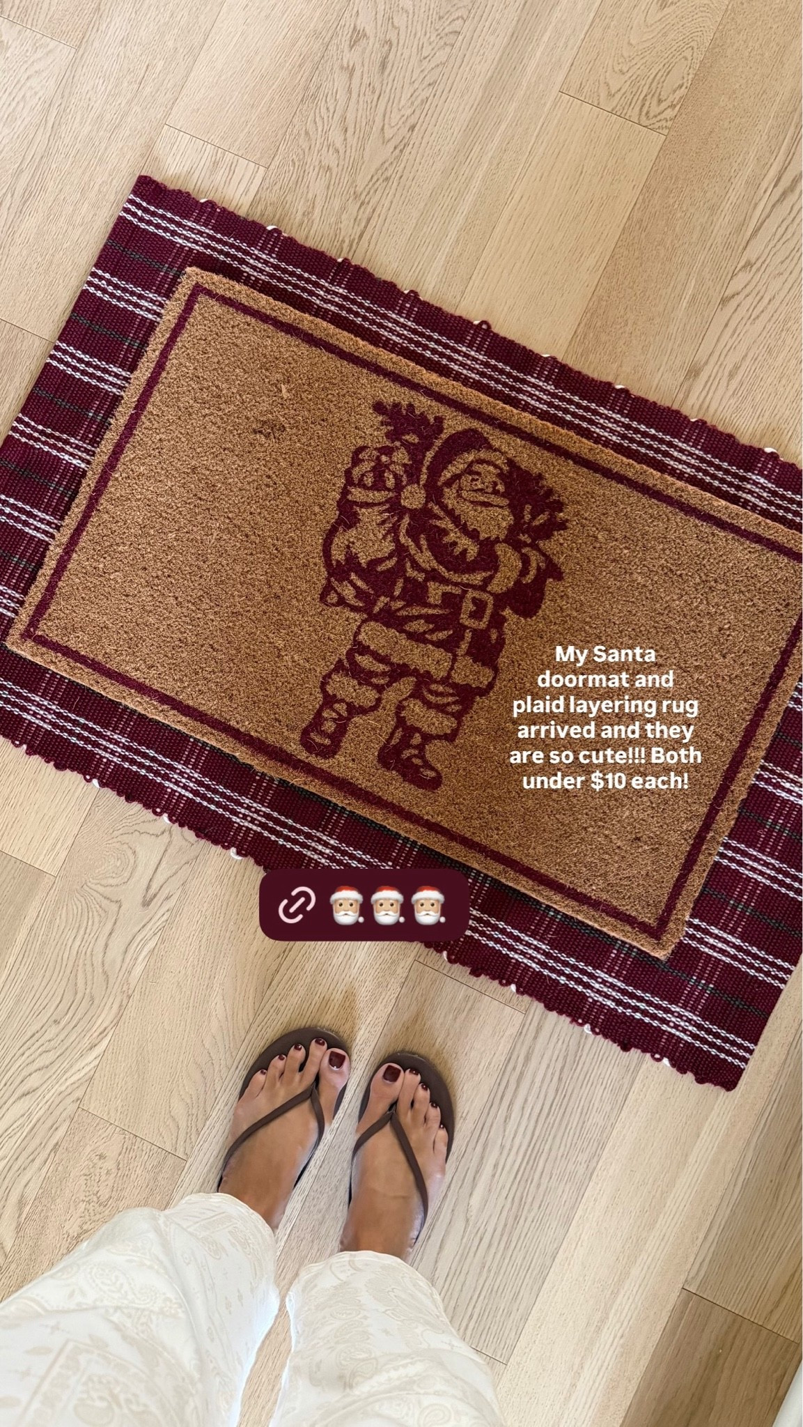 Affordable holiday doormats! 

Plaid layering rug / Santa doormat / outdoor rug