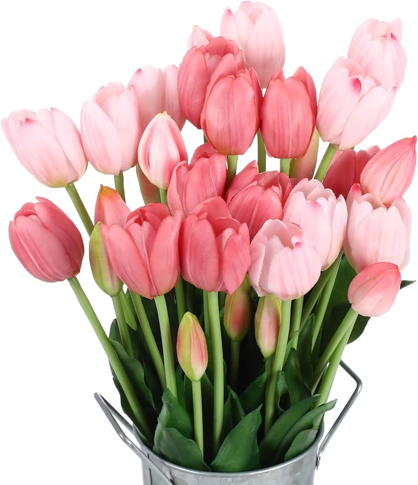 Riceshoot 6 Bunches Artificial Tulips Flowers 30 Pcs Real Touch Flower Soft Faux Tulips Bouquets Arrangements Realistic Tulips for Office Wedding Party Kitchen Decoration (Pink, Purple) | Amazon (US)