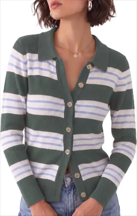 Womens Striped Cardigan Sweaters Button Down Polo Collared Knit