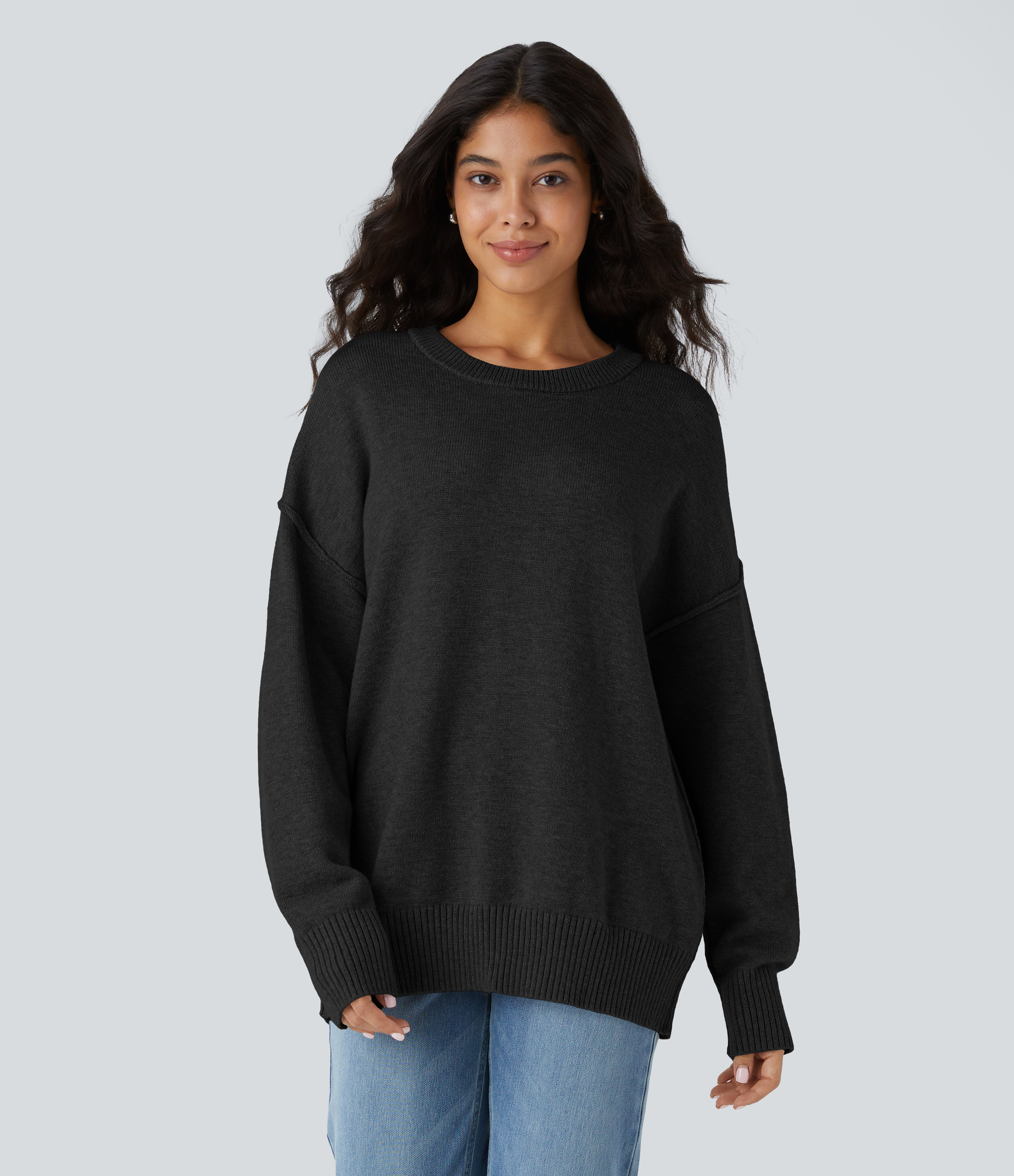 Halara Round Neck Dropped Shoulder Long Sleeve Casual Sweater - Black - XS | HALARA