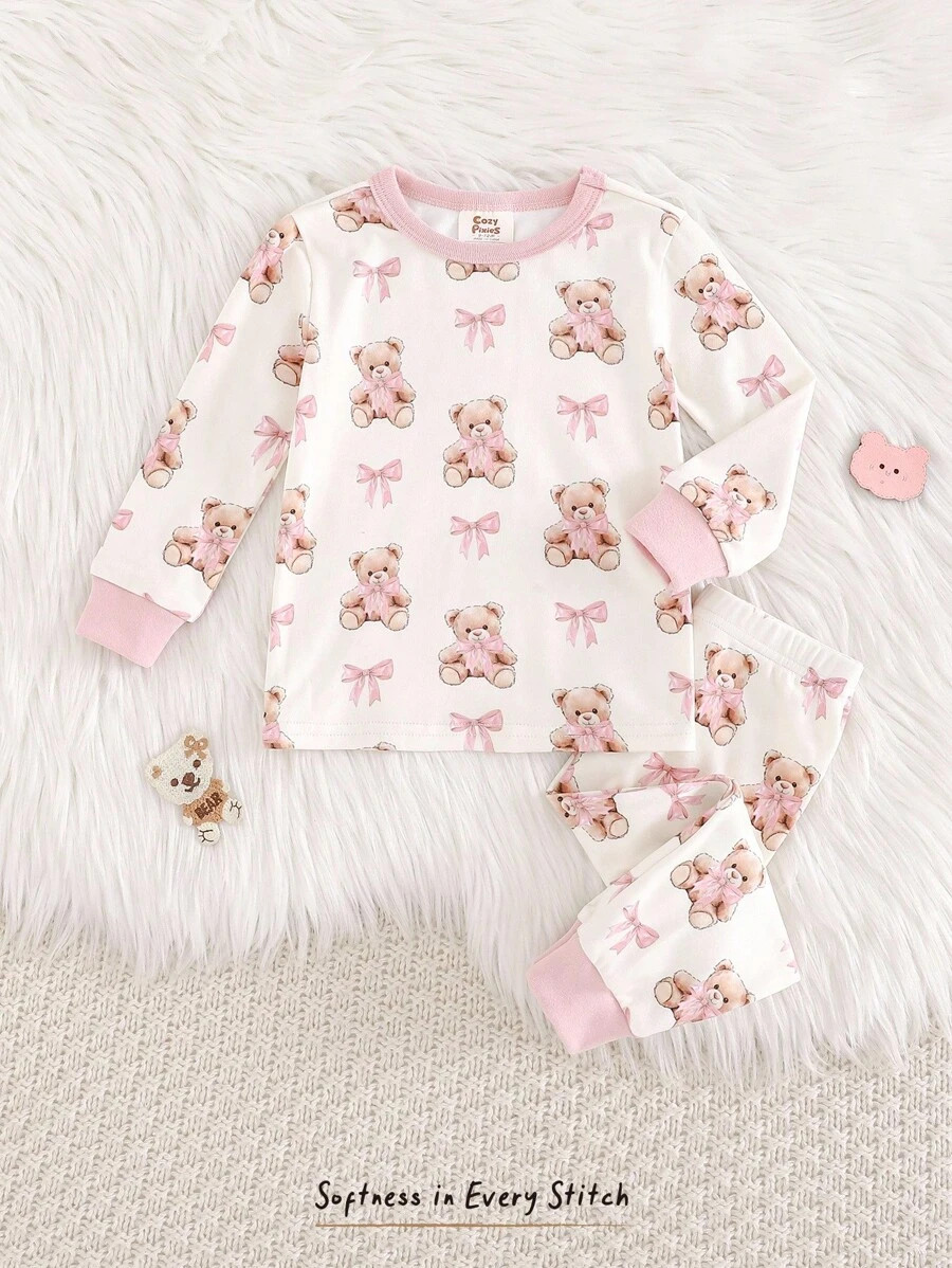 Cozy Pixies Baby Girl Cartoon Bear Print Knit Soft Crew Neck Long Sleeve Top And Elastic Waist Le... | SHEIN