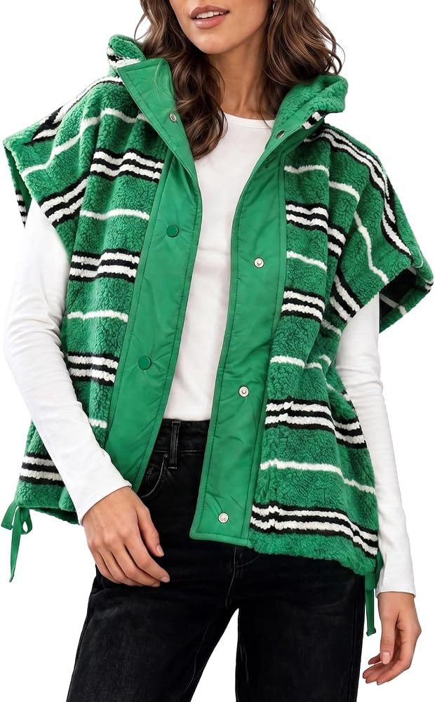 Fisoew Womens Fuzzy Fleece Vest Casual Striped Sleeveless Sherpa Jackets | Amazon (US)