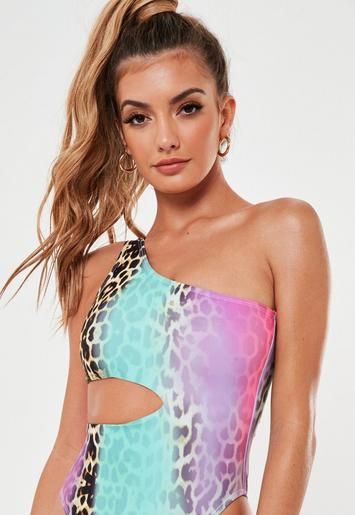 Aqua Ombre Animal Print One Shoulder Cut Out Swimsuit | Missguided (US & CA)