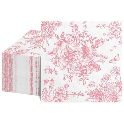 NatNarr 100 Pcs Pink Floral Napkins, Pink and White Toile Cocktail Napkins Vintage Flower Butterfly Design Cute Decoupage Napkin for Christmas, Wedding, Bridal Baby Shower, Tea Party, 5 x 5 Inch | Amazon (US)
