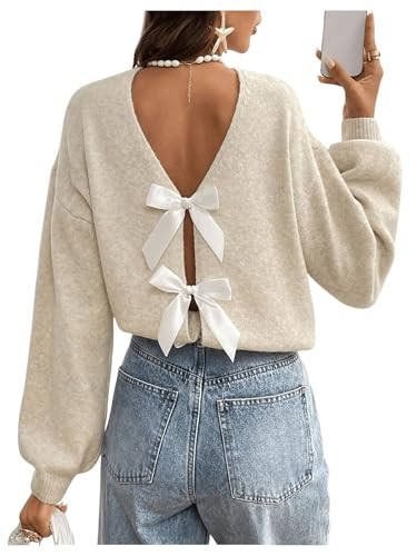MakeMeChic Women's Bow Sweater Long Sleeve Open Back Tie Back Sweater Cardigan Top Apricot Small | Amazon (US)