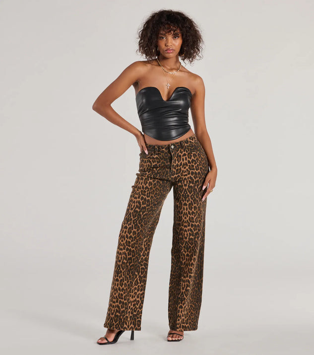 Fierce Aura Wide Leg Leopard Print Denim Jeans | Windsor Stores