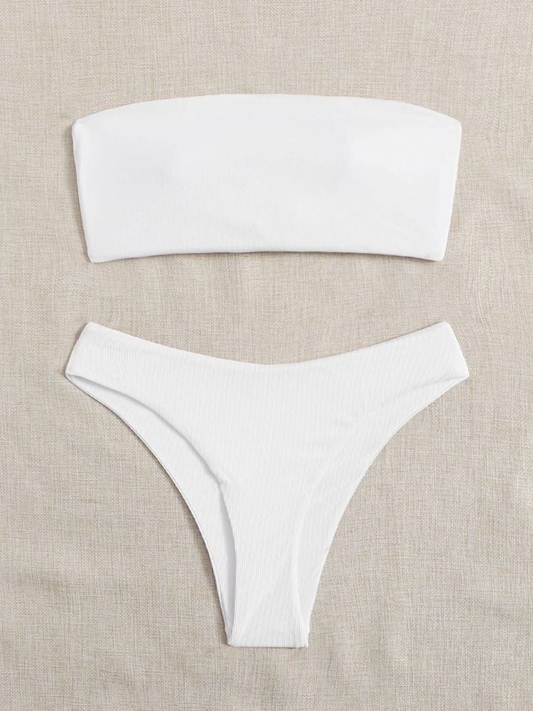 Plain Rib Bandeau Bikini Swimsuit | SHEIN