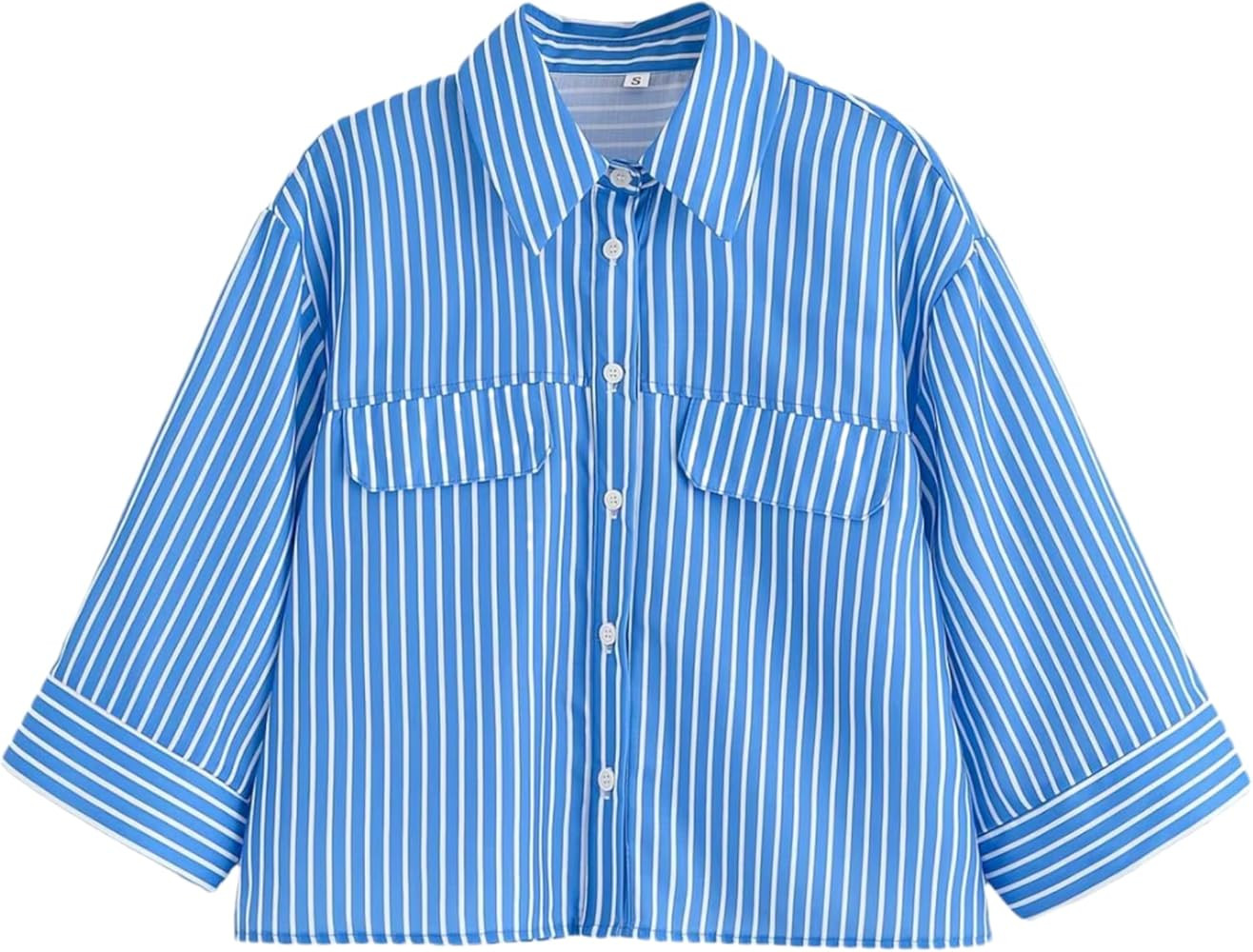 Womens Button Down Cropped Shirts Long Sleeve Lapel Striped Crop Casual Tops Blouses | Amazon (US)