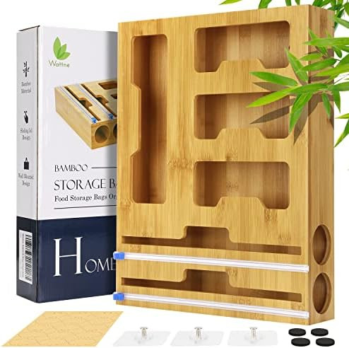 Wattne Bag Storage Organizer for Kitchen Drawer & Wrap Dispenser with Cutter, 6 in 1 Bamboo Organ... | Amazon (US)