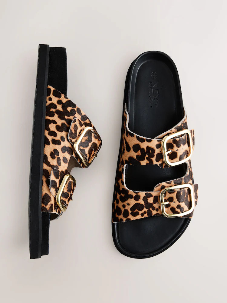 Leopard Print Leather Premium Double Strap Footbed Sandals | Next EU