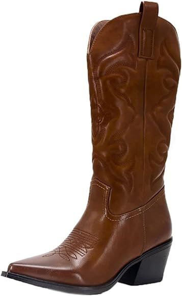 Mattiventon Cowgirl Mid Calf Boots for Women Chunky Mid Heel Western Cowboy Pointed Toe Boots | Amazon (US)