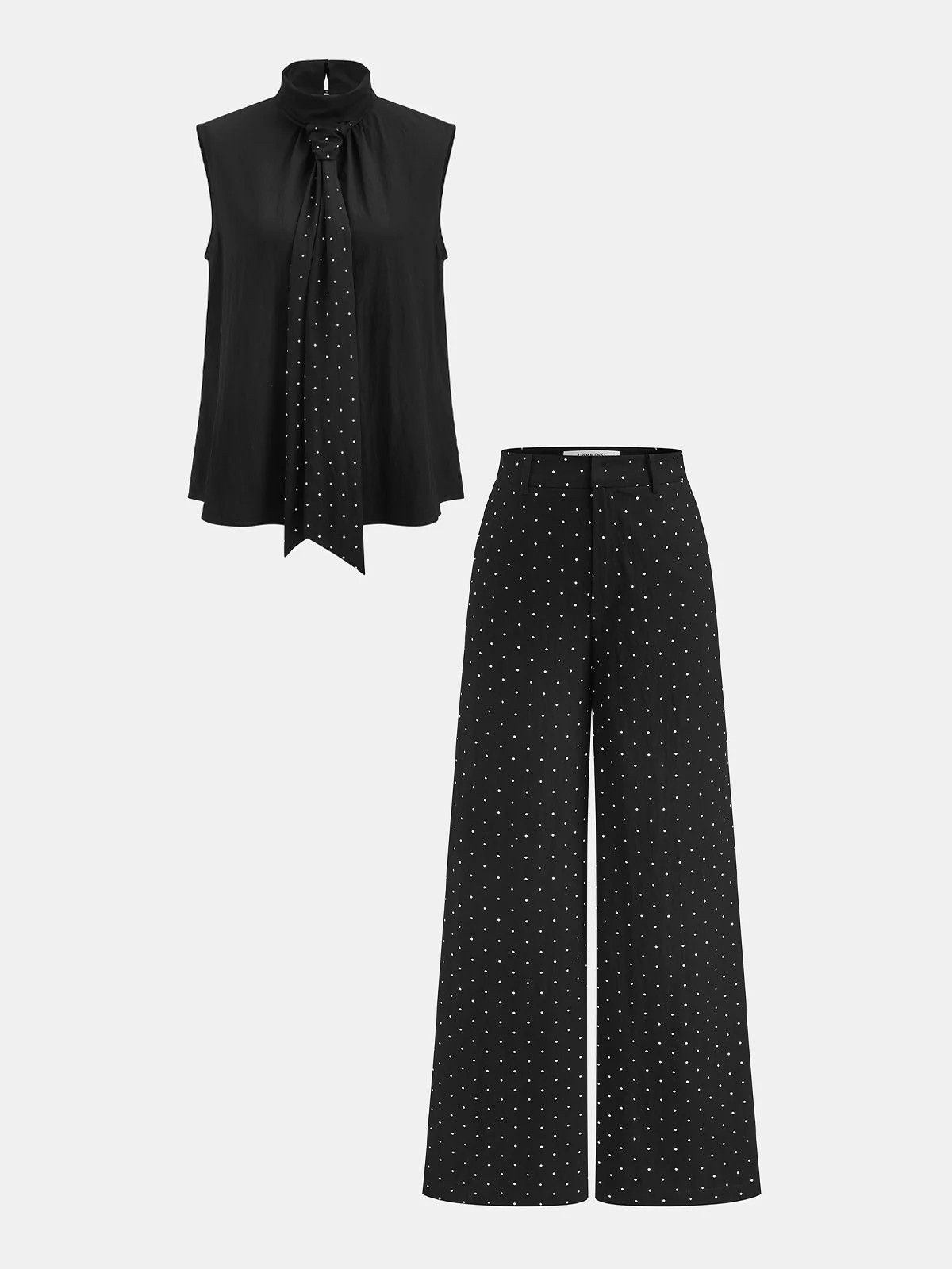 Polka Dot Tie Neck Top & Wide Leg Pants Set | Commense