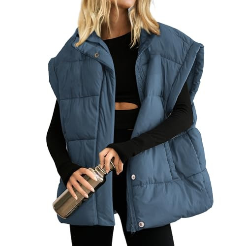 Songling Womens Oversized Puffer Vest Stand Collar Full Zip Sleeveless Bubble Puffer Vest Quilted Padded Warm Coat Outwear (Navy,XL) | Amazon (US)