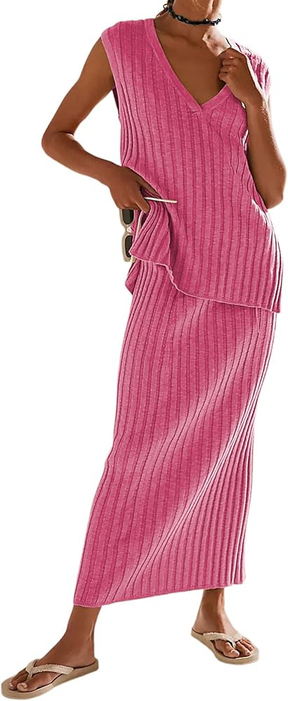 SCUSTY Women's 2 Piece Sweater Skirt Sets Sleeveless V Neck Knit Ribbed Vest Tops Midi Skirt | Amazon (US)