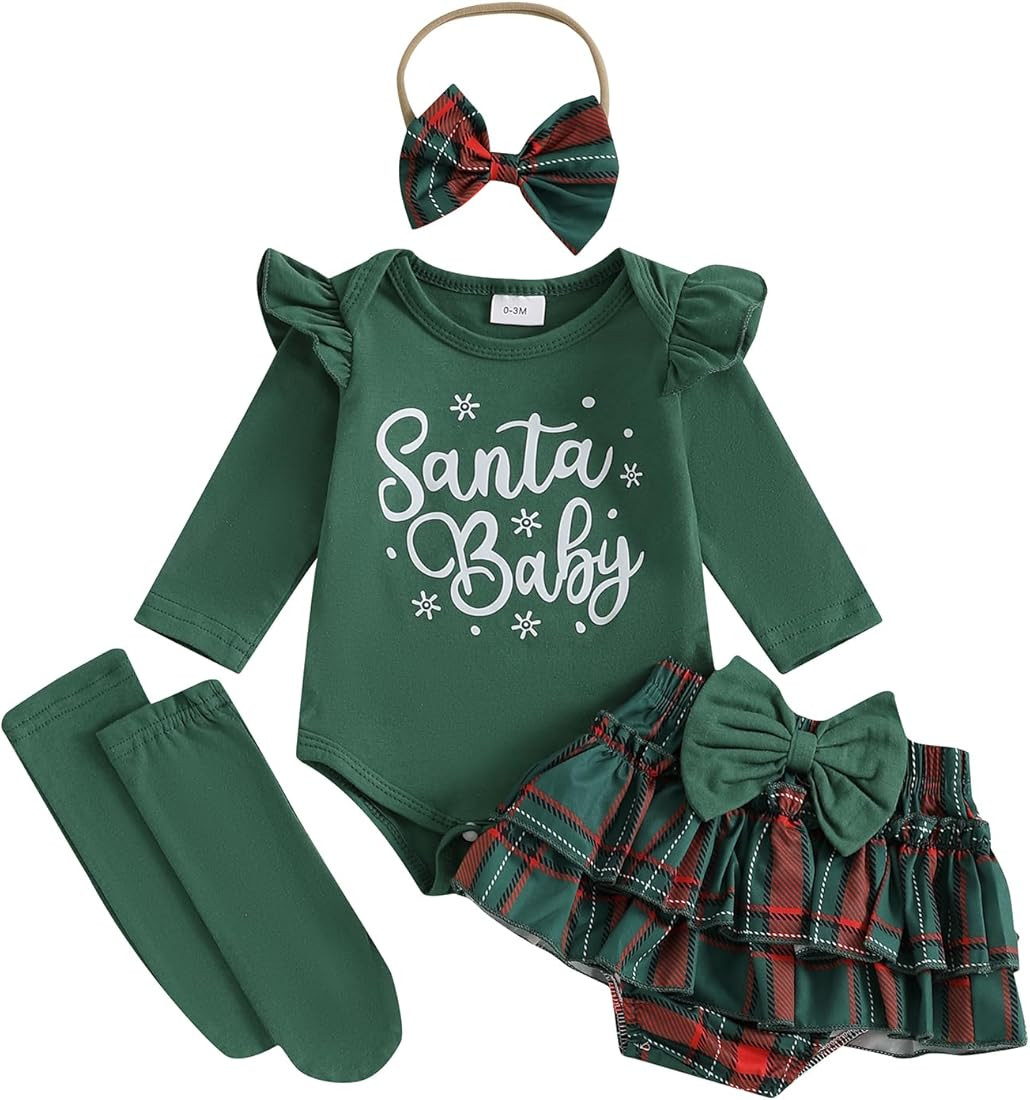 FYBITBO Newborn Baby Girl Christmas Outfits Cute Letter Romper Ruffle Plaid Skirt Dress Infant Ch... | Amazon (US)