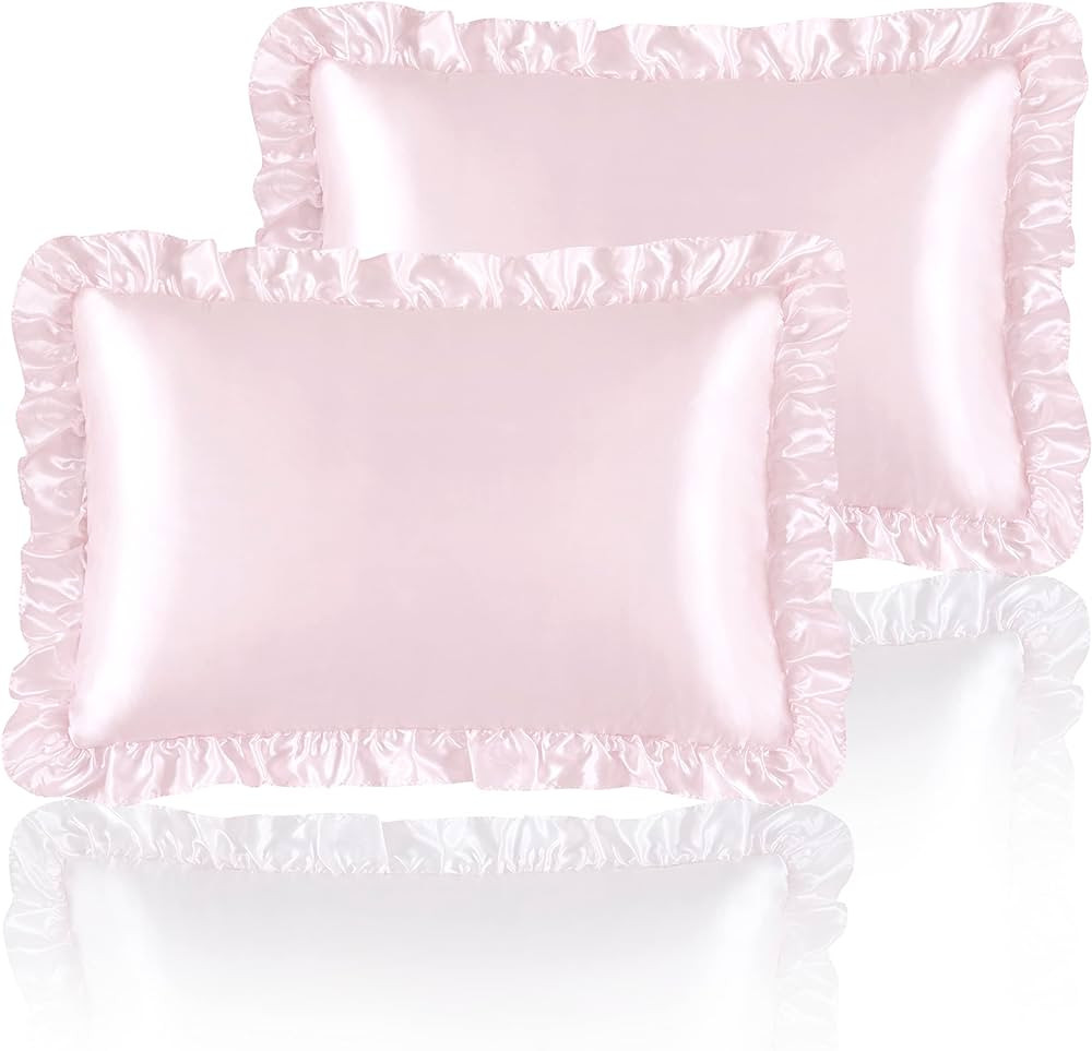 HommxJF Silky Satin Ruffled Pillow Cases for Hair and Skin,Blush Pink Silk Pillowcases Queen Set ... | Amazon (US)