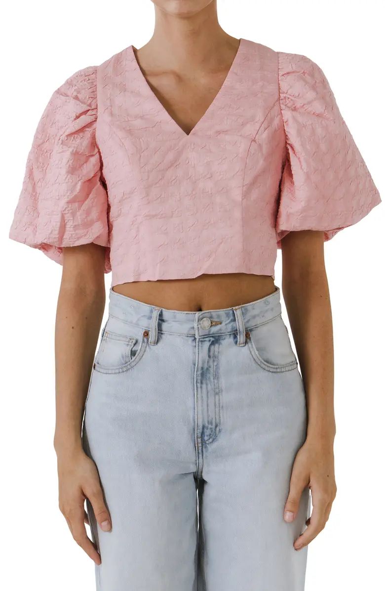 Check Jacquard Puff Sleeve Top | Nordstrom