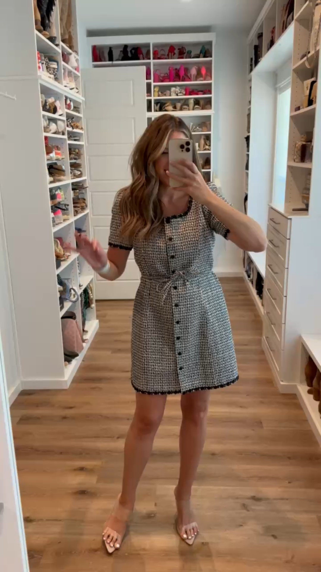 Fall wedding season is here. Chic Amazon dresses in rich fall colors that are perfect for weddings and every special occasion.  In a medium button down tweed dress, clear heels and accessories- fits tts. shop dandy, date night outfit, wedding guest outfit, amazon, budget friendly, designer inspired

#LTKWedding #LTKSeasonal #LTKFindsUnder50