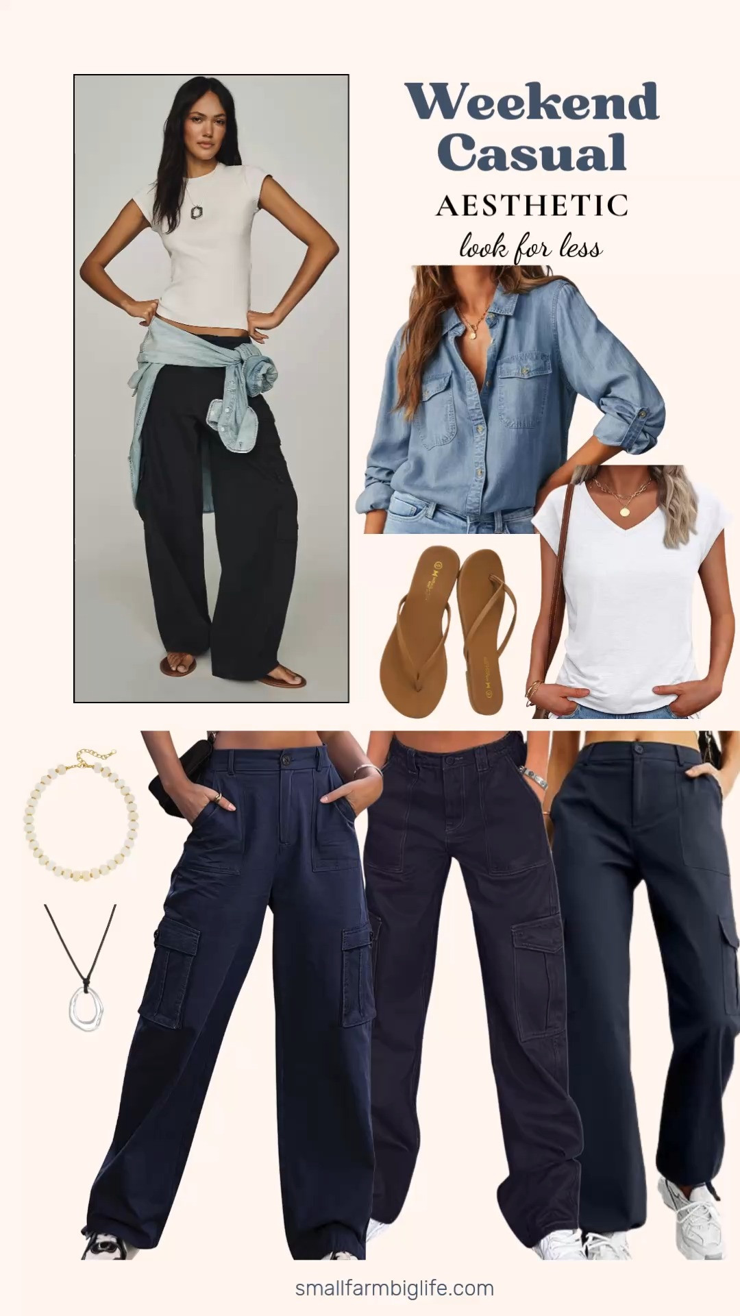 Navy cargo pants are such a fun and unexpected summer look and the Y2K streetwear aesthetic is everywhere right now. All three of these cargo pant styles are high waisted with six pockets and that relaxed baggy fit that is so on trend, and navy is such a versatile color that pairs perfectly with a light blue denim shirt or a simple white cap sleeve tee. The oval pebble necklace on a black cord and the chunky resin beaded necklace in cream and gold give you two completely different accessory vibes to choose from depending on how casual or polished you want to go. Finish the look with light brown flip flops and you have a complete weekend outfit for so much less than you would expect. Tap to shop! 

 #LTKgrwm #LTKootd #LTKOver40