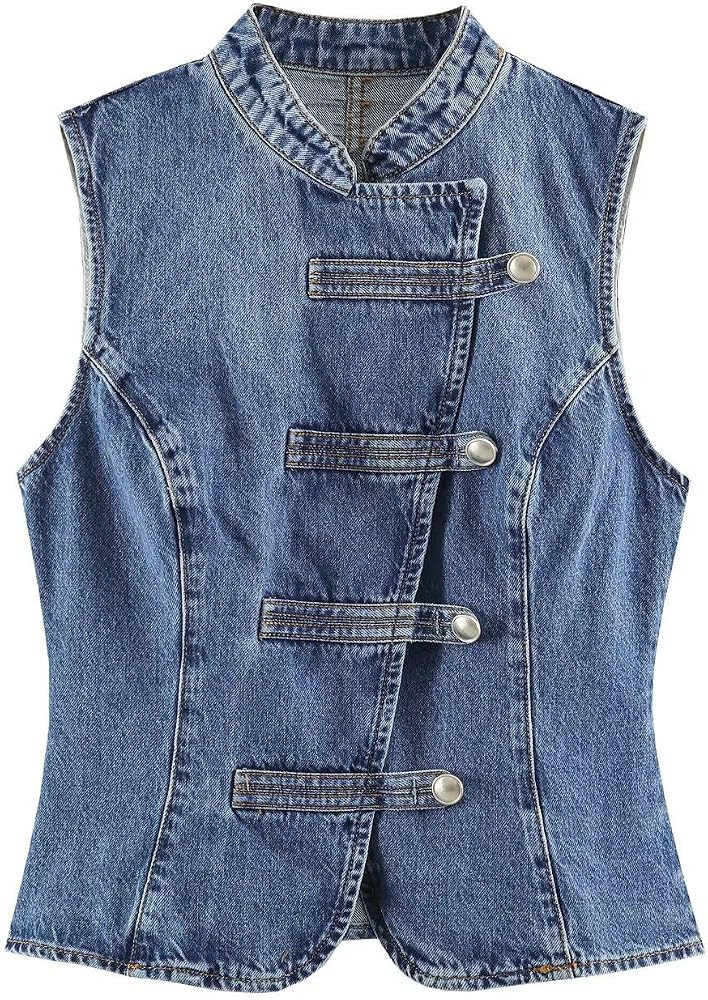 Women Sleeveless Denim Vest Mandarin Collar Frog Button Slim Fitted Cropped Waistcoat Top Western... | Amazon (US)