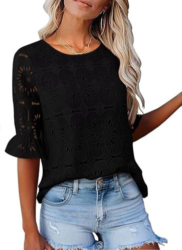StunShow Hollow Out Tops for Women Summer Blouses 2025 Black Short Sleeve Shirt for Woman Black L | Amazon (US)