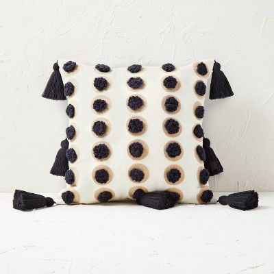 Embroidered Dots with Pom-Poms Square Throw Pillow Cream/Black - Opalhouse™ designed with Junga... | Target