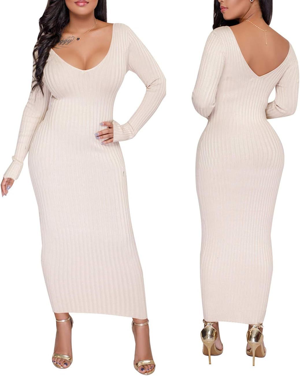 Amazon.com: Women's Sexy Off Shoulder Long Sleeves Sweater Dress Knit Slim Cardigans White : Clot... | Amazon (US)