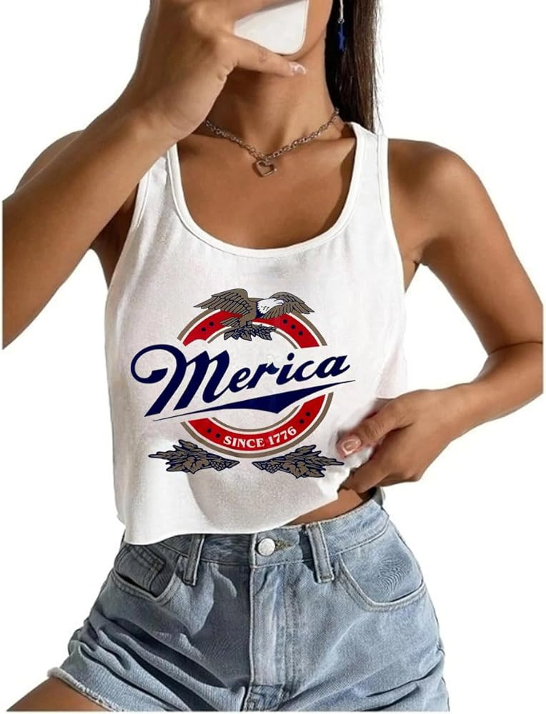 Women's Sexy American Flag Crop Tank 4th of July Patriotic Sleeveless Tee Tops | Amazon (US)