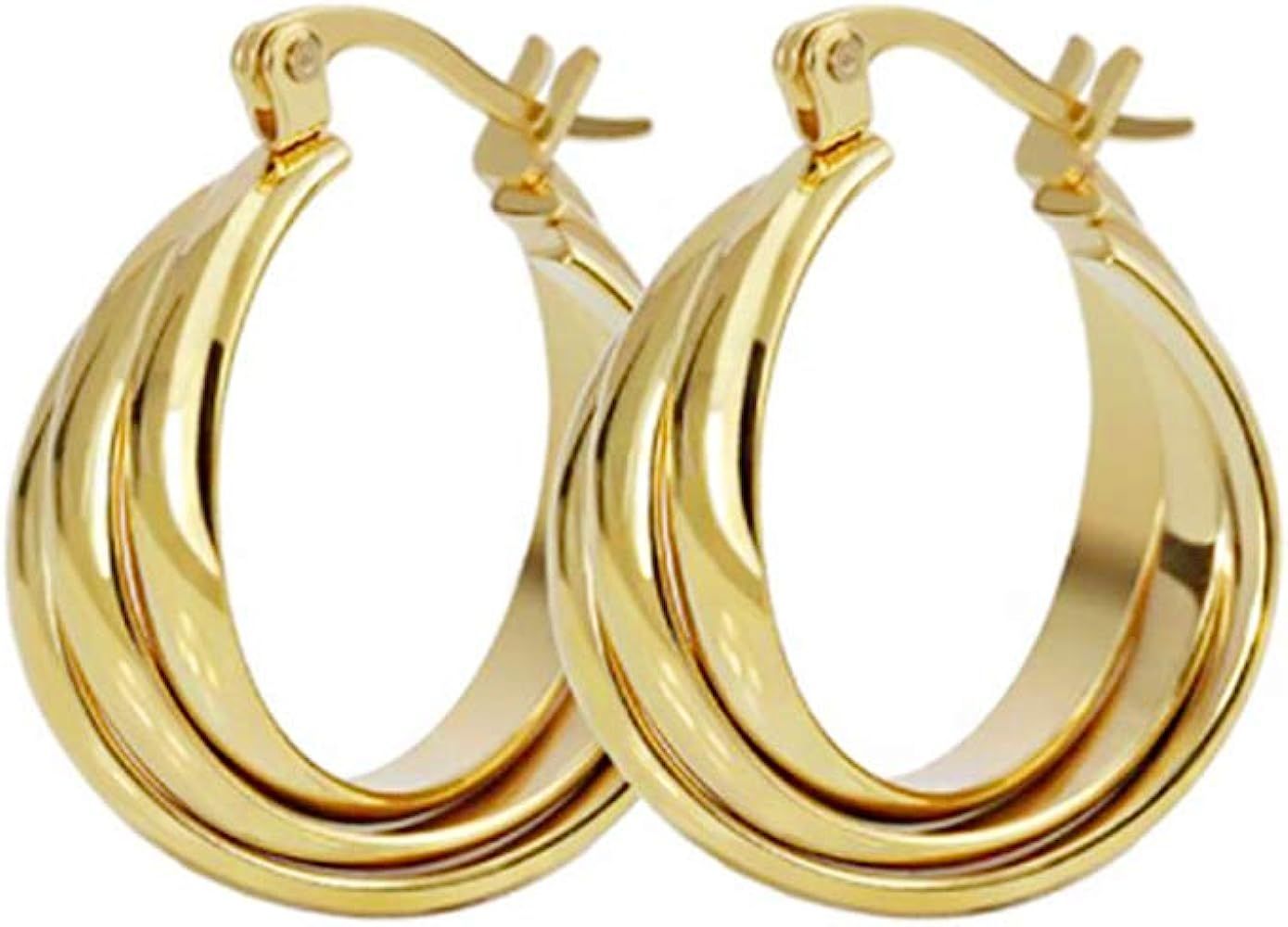 NewZenro Three Hoops Flat Stainless Steel 14K Yellow Gold Fashion Wide Chunky Hoop Earrings for Wome | Amazon (US)