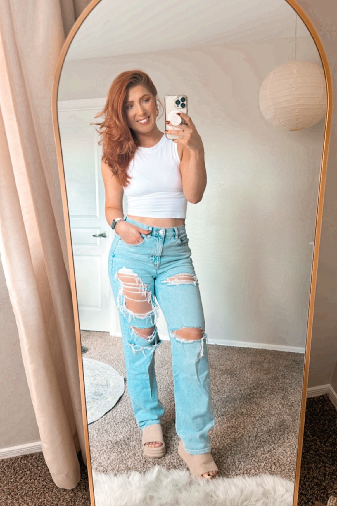 The perfect summer evening outfit, sleeveless white tank top, breezy distressed ripped straight leg baggy jeans, and beige platform sandals (Free People dupe btw). Throw in some gold jewelry and it’s perfect!

Shop American Eagle’s clearance section up to 70% off and stock up on all your favorite fall denim!

#LTKSale #LTKSeasonal #LTKstyletip
