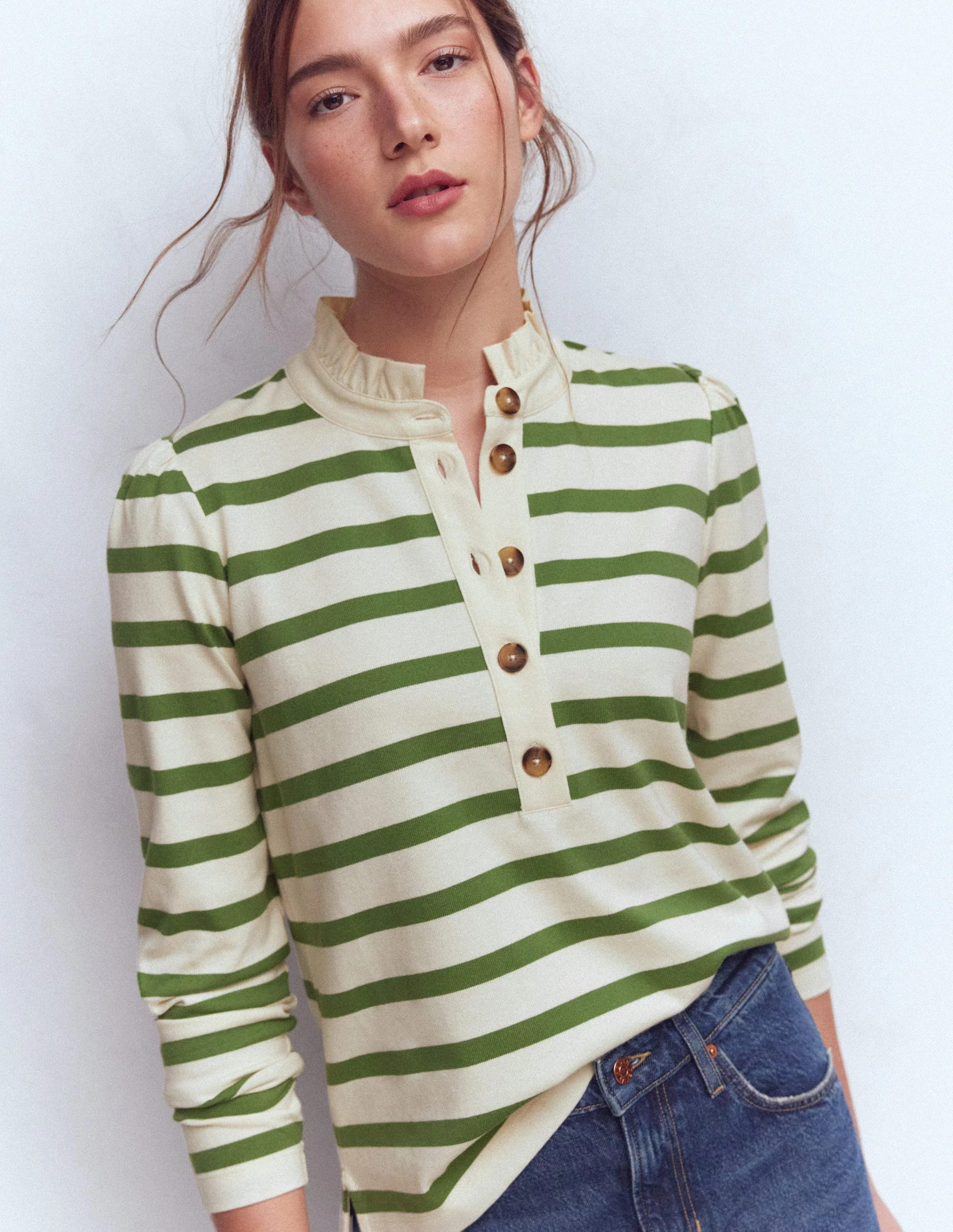 Ruffle Collar Mariner-Ivory and Safari Green Stripe | Boden (US)
