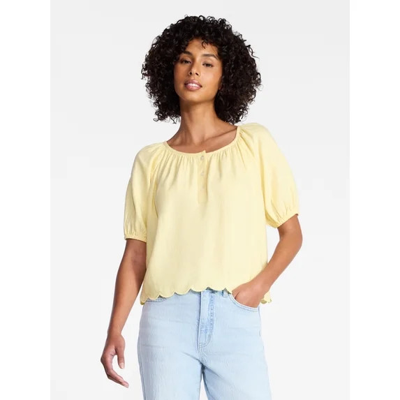 Time and Tru Women's Linen Blend Blouse with Scalloped Hem, Sizes XS-XXXL | Walmart (US)