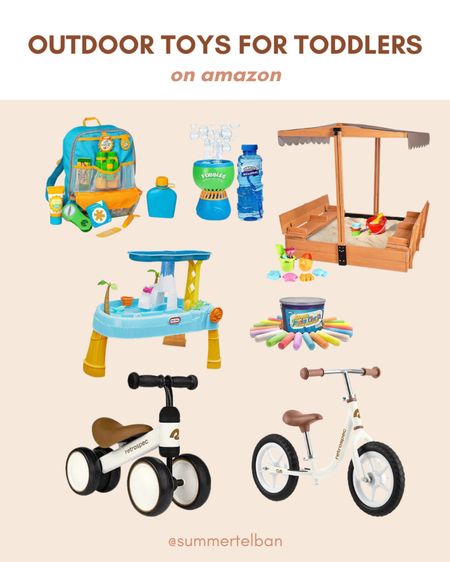 Outdoor toys for toddlers, water table, balance bike, bubble machine, chalk set

#LTKkids #LTKSeasonal #LTKfamily