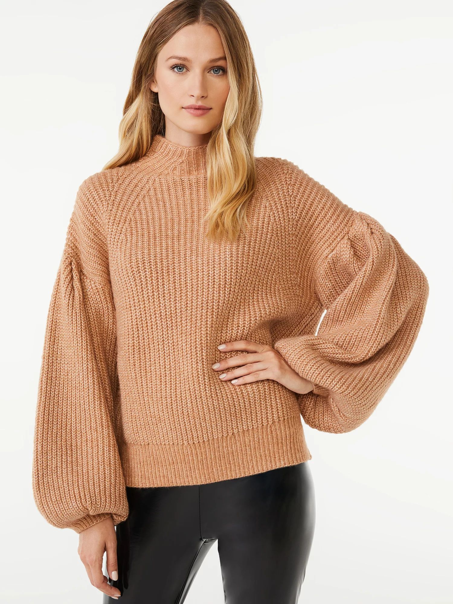 Scoop Women's Cozy Mock Neck Sweater with Balloon Sleeves | Walmart (US)