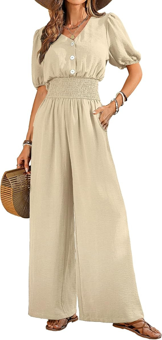 Womens Jumpsuits Short Sleeve V Neck Dressy Casual Wide Leg Pants Romper 2026 Summer One Piece Ou... | Amazon (US)